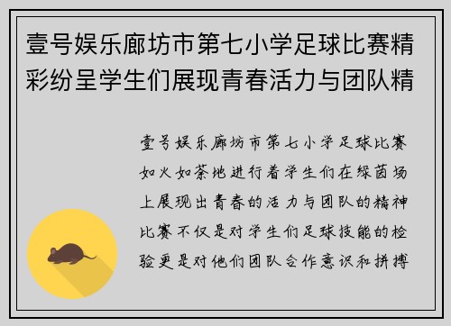 壹号娱乐廊坊市第七小学足球比赛精彩纷呈学生们展现青春活力与团队精神